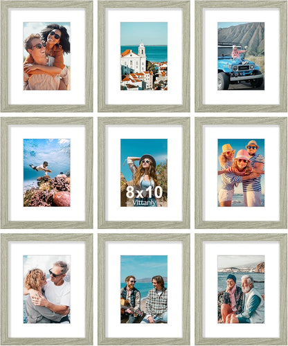 Vittanly 8x10 Picture Frames Set of 9, Shatter Resistant Plexiglass, Display 5x7 Pictures with Mat or 8x10 without Mat, Photo Frames for Wall or Tabletop, Engineered Wood, Black - Colors B