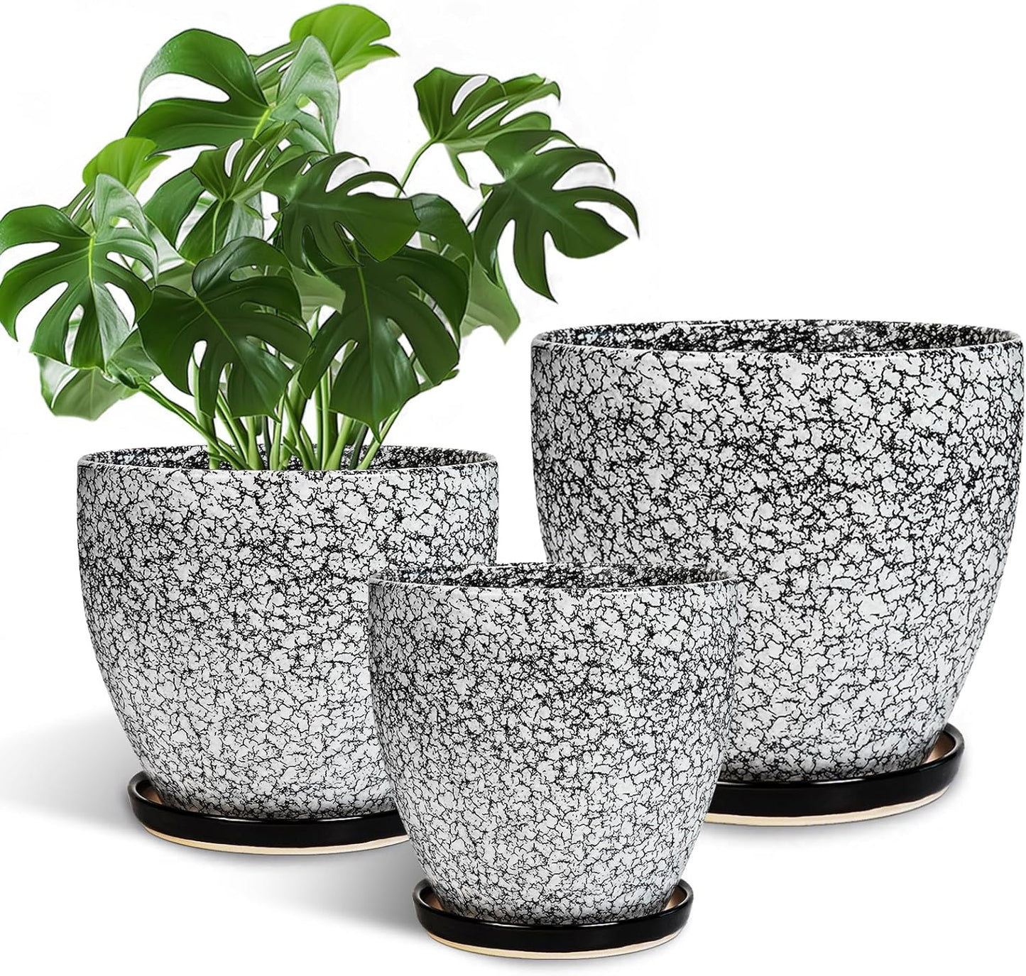 Plant Pots Indoor, Ceramic Planters Pots with Drainage Holes and Saucers, 10+8+6 Inch, Set of 3, Round Large Flower Pots for Indoor Outdoor Plants, Blue