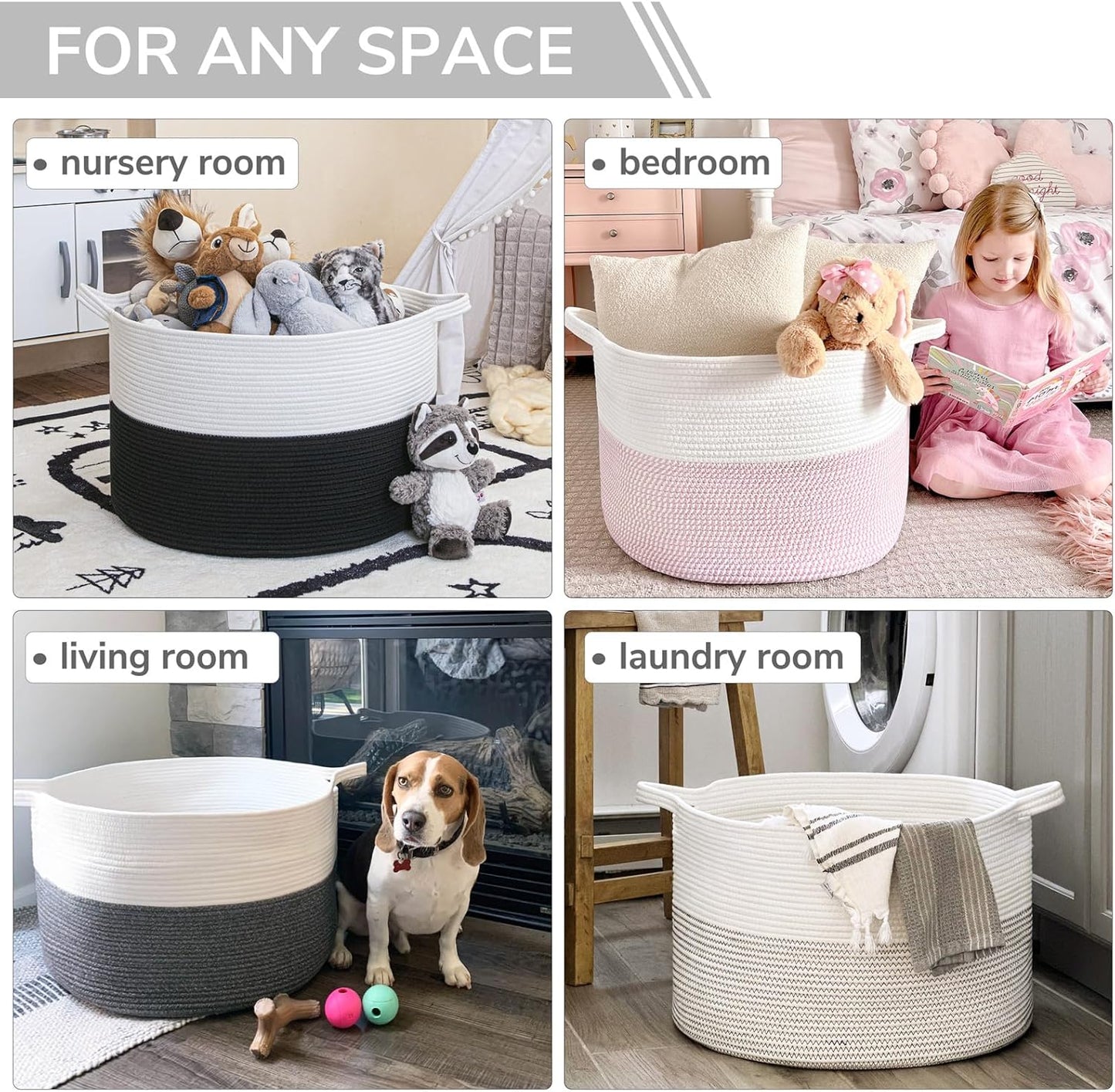 INDRESSME XXXLarge Blanket Basket for Living Room 21.7" x 21.7" x 13.8"-Storage Basket with Handle for Organizing Toy Pillows Woven Cotton Rope Laundry Basket Stuffed Animal Toy Storage for Play Room