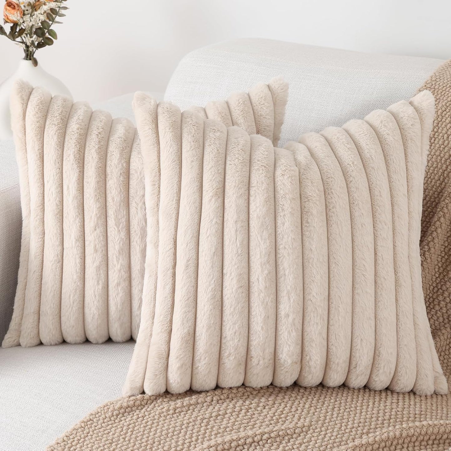Pallene Faux Fur Plush Throw Pillow Covers 18x18 Set of 2, Luxury Soft Fluffy Striped Decorative Pillow Covers for Sofa, Couch, Living Room, Cream White