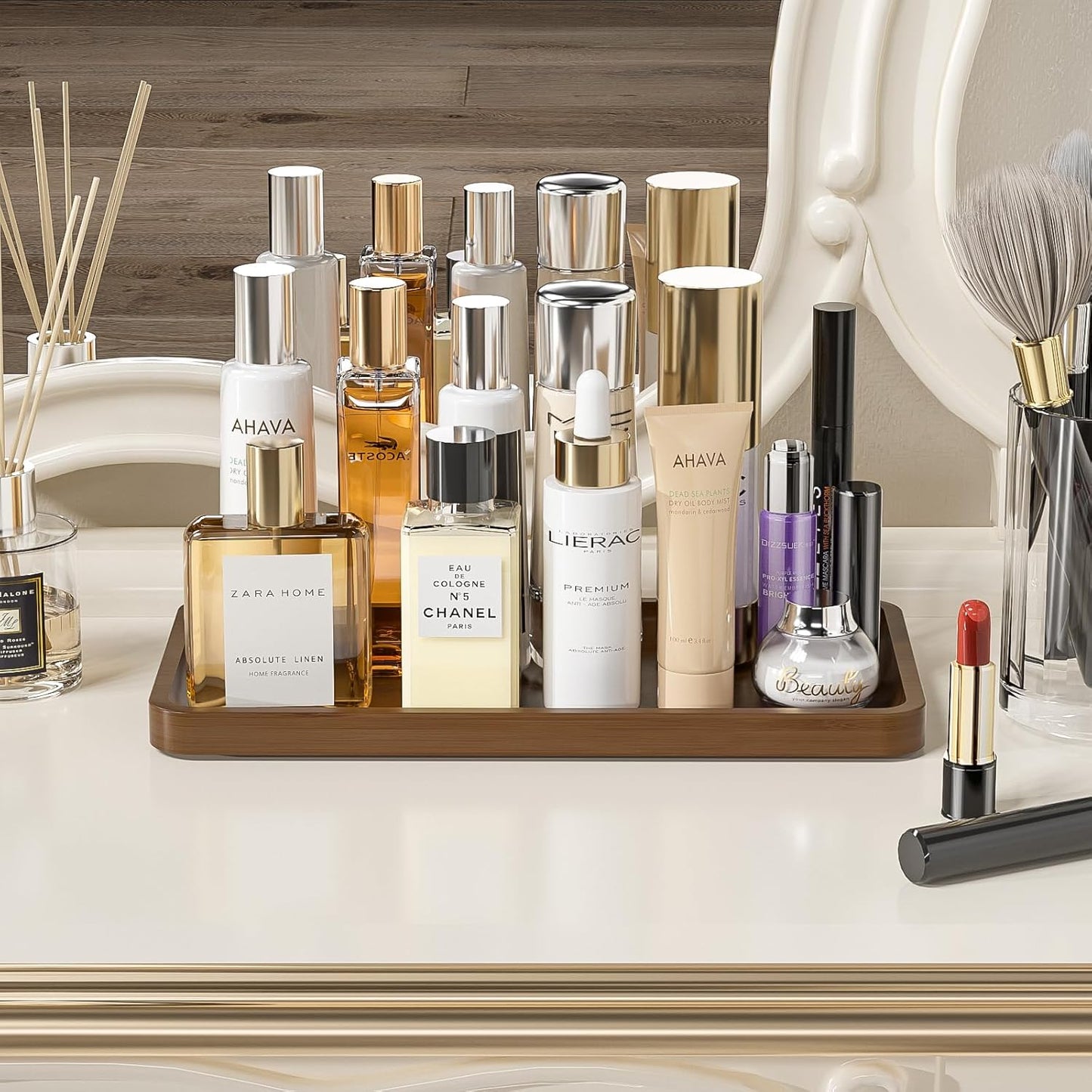 Bathroom Vanity Tray for Countertop - Bamboo Organizer Tray for Dresser Tops, Toilet, Perfume Small Decorative Tray Wood Tray for Home Decoration 11.81” L x 6.1” W x 0.79” H Black