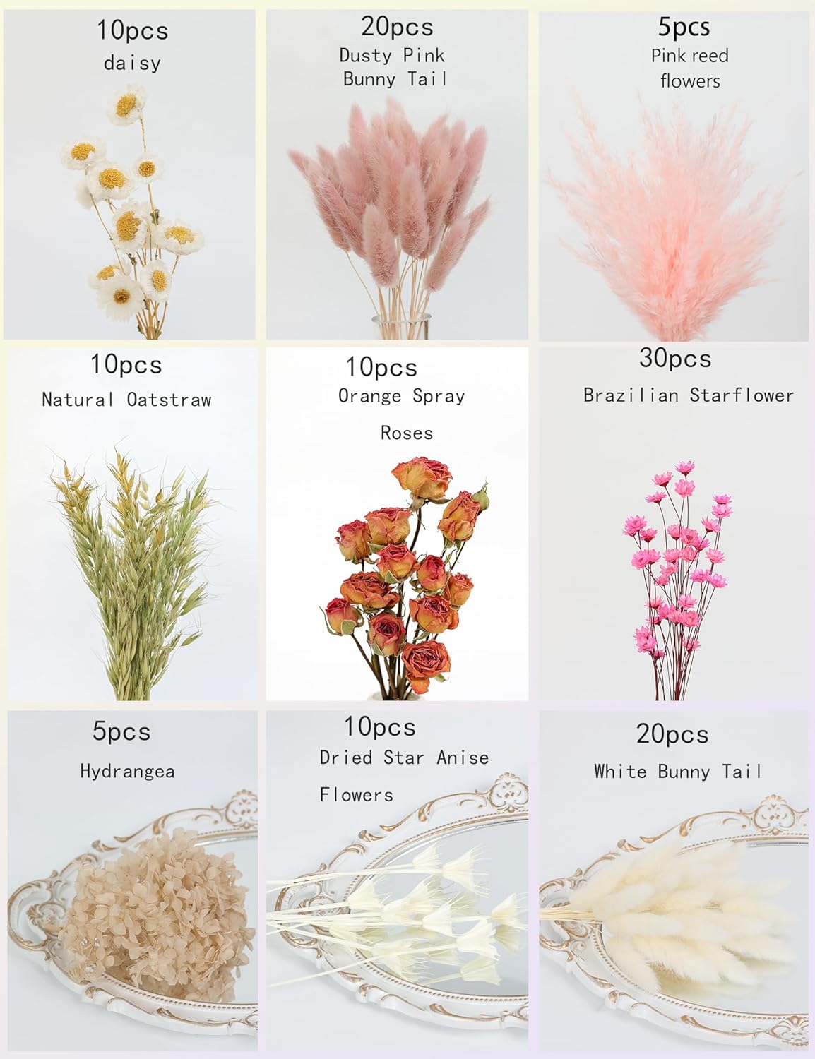 DIY Natural Dried Flower Set, Bulk Dried Flowers for Vase, Dried Flowers with Stems, Dried Roses, Mini Dried Flower Bouquets.(Brown)