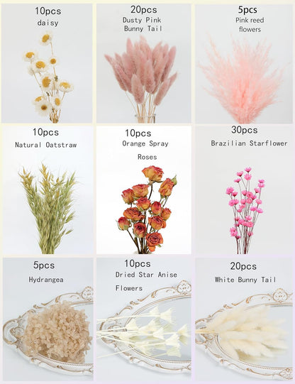 DIY Natural Dried Flower Set, Bulk Dried Flowers for Vase, Dried Flowers with Stems, Dried Roses, Mini Dried Flower Bouquets.(Brown)