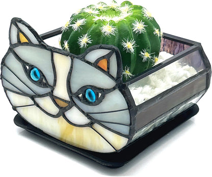 Tiffany Stained Glass Fun Moon Sleeping Cat Planter，Cactus Planter，Cute Planters for Indoor Plants,Decorative Flower Pots As Gifts for Cat Lovers，4.6x3x5.15 in