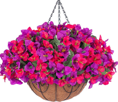 Artificial Hanging Flowers Faux Plants Basket for Outdoors Spring Summer Decor, Fake Silk Bougainvillea in Planter Outdoor Look Real UV Resistant Faux Flower for Outside Porch Patio Garden Home, White