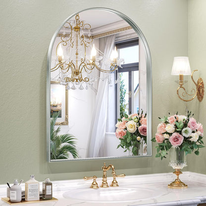 Brightify Arched Mirror, Arched Wall Mirror, 24 x 32 Inch Silver Arch Mirror, Metal Frame Silver Bathroom Mirror, Arched Top Bathroom Vanity Mirror for Living Room Bedroom Mantel Entryway Hallways