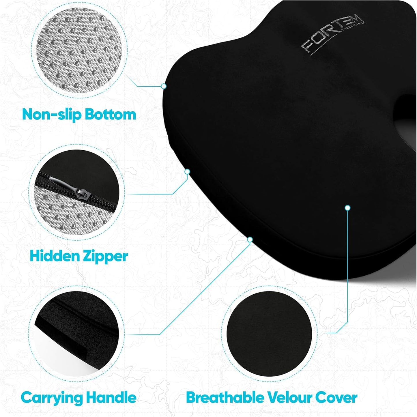 FORTEM Seat Cushion, Office Chair Cushion, Memory Foam Car Seat Cushions, Sciatica Coccyx Tailbone Pain Relief, Chair Cushions for Back Support, Sitting Pad for Gaming, Washable Cover, Non Slip