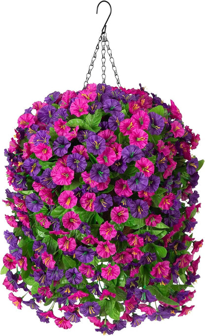 INXUGAO Artificial Flowers with Hanging Basket, Outdoor Faux Plants Silk Morning Glory Vines, Fake Green Arrangement for Garden Patio Spring Summer Decor(4pcs,Darkorchid)