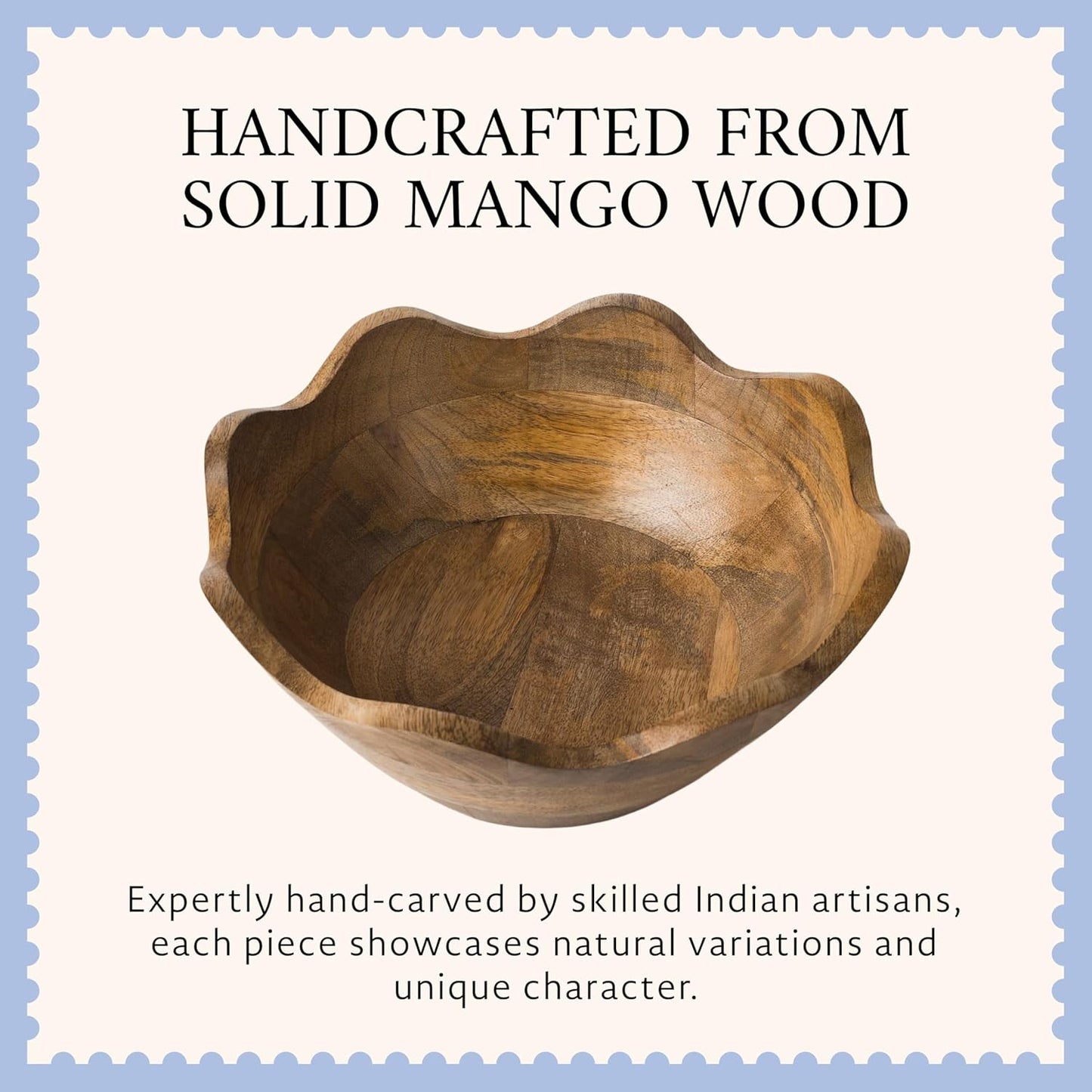 Mela Artisans 12-Inch Mango Wood Scalloped Bowl - Hand-Finished Decorative Serving and Fruit Bowl with Natural Grain for Kitchen Counter, Snacks, Desserts, Bread and Home Decor Centerpiece
