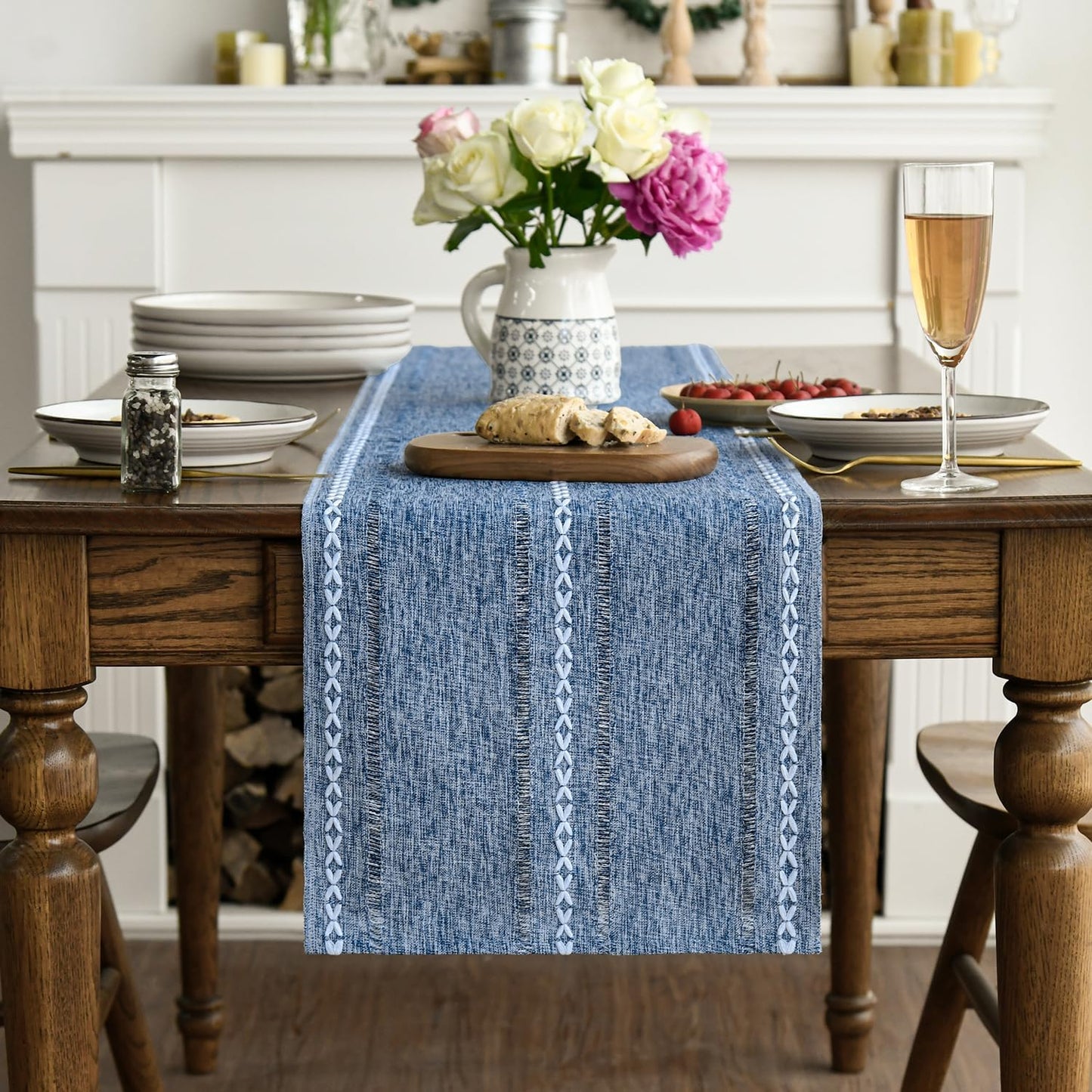 Artoid Mode Beige Rustic Cotton Linen Table Runner, Seasonal Embroidered Hollow Kitchen Dining Table Decoration for Home Party Decor 13x72 Inch