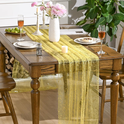 Artoid Mode Beige Gold Gauze Table Runner 120 Inch 10FT, Glitter Metallic Foil Sheer Dining Wedding Anniversary Holiday Birthday Table Decor for Home Party