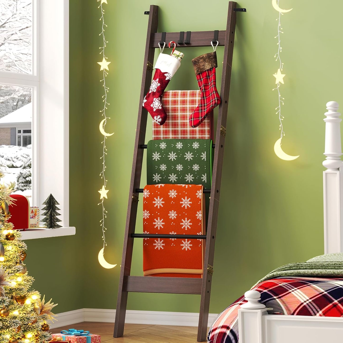 Hzuaneri Blanket Ladder for Living Room, Decorative Quilt Rack with 4 Removable Hooks, 5-Tier Farmhouse Ladder Holder Shelf Organizer for Bedroom, Rustic Brown and Black 02101BBR