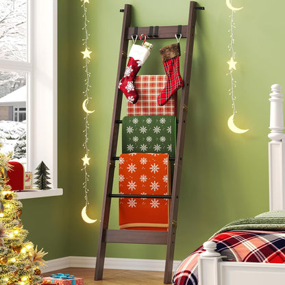Hzuaneri Blanket Ladder for Living Room, Decorative Quilt Rack with 4 Removable Hooks, 5-Tier Farmhouse Ladder Holder Shelf Organizer for Bedroom, Rustic Brown and Black 02101BBR