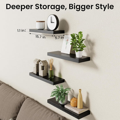 BAYKA Floating Shelves for Wall, Set of 3, Wall Mounted Rustic Wood Shelves for Bathroom, Bedroom, Living Room, Kitchen, Small Hanging Shelf for Books/Storage/Room Decor, Walnut-Like, 15.7in