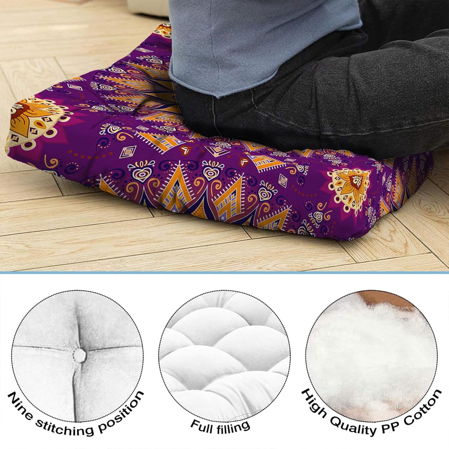Mandala Meditation Cushion, Boho Meditation Mat, Meditation Pillows for Sitting on Floor, Cushions for Sitting in Home and Outdoor, Square Floor Pillow Cushion Seating for Yoga Accessories 22'' X 22''