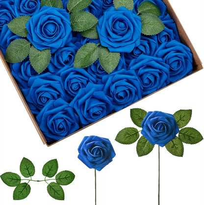 InnoGear Artificial Flowers, 50 Pcs Dark Red Foam Fake Roses Bulk with Stems for Mother's Gift Decoration Celebration DIY Wedding Bouquets Centerpieces Bridal Shower Party Christmas Tree