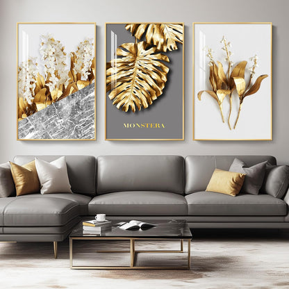 Framed Modern Luxury Gold Wall Art, Set of 3 Piece Contemporary Paintings Artwork for Walls, Golden Prints Pictures with Gold Frame, Wall Decor for Living Room, Hallway, Bedroom, Office 16x24 Inch