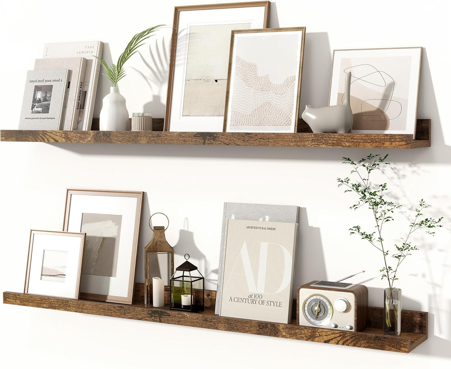 Fun Memories Picture Ledge Shelves Set of 2, 32 Inch Rustic Wall Mounted Floating Shelves with Lip for Home Storage and Décor in Bathroom, Kitchen, Nursery, Bedroom, Living Room, Walnut