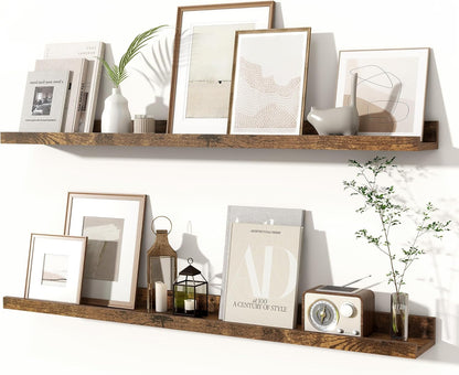 Fun Memories Picture Ledge Shelves Set of 2, 32 Inch Rustic Wall Mounted Floating Shelves with Lip for Home Storage and Décor in Bathroom, Kitchen, Nursery, Bedroom, Living Room, Walnut