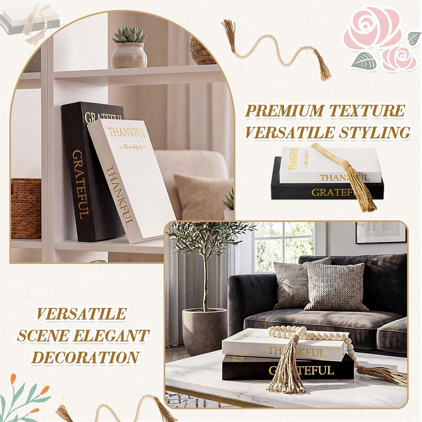 Faccito Set of 2 Linen Decorative Books with Wooden Beaded Garland Tassel Elegant Linen Books Aesthetic Gold Foil Fake Book for Coffee Table Shelf Mantel Storage Boxes(Mint Green)