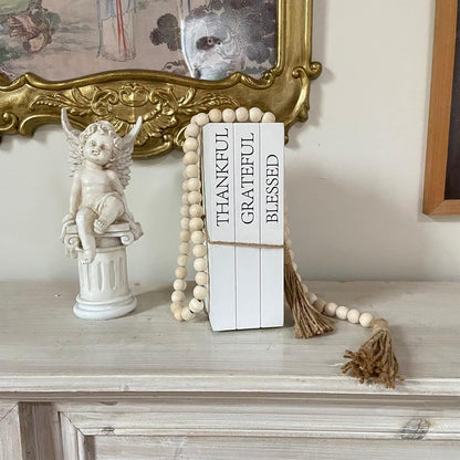 Decorative Books for Home Decor, White Faux Books for Decoration, Rustic Farmhouse Stacked Display Books with 52in Wood Bead Garland for Coffee Tables Living Room (TAKE TIME to DO)
