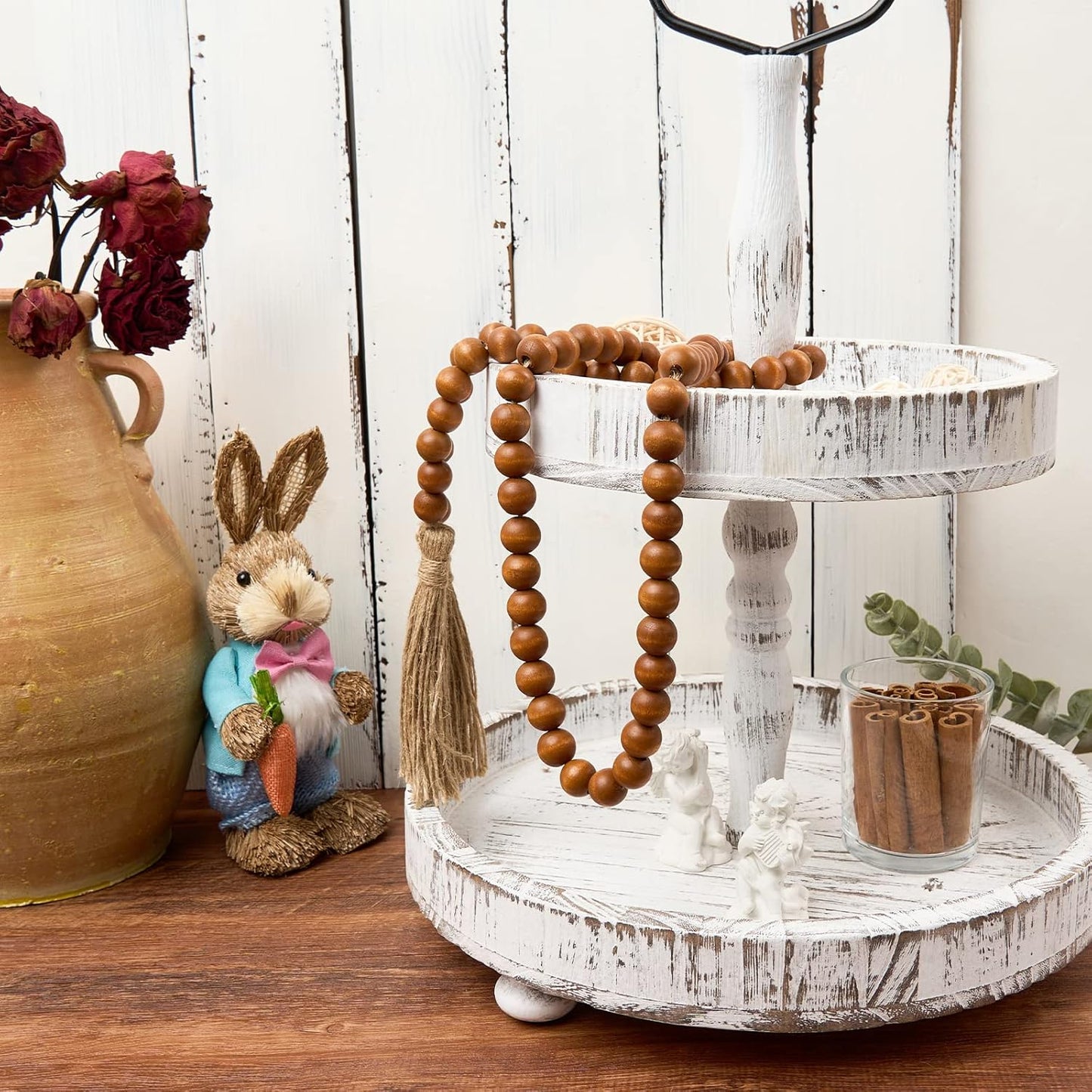 OMISHE 59in Wood Bead Garland with Tassels, Decorative Beads, Farmhouse Wooden Beads Garland for Wall Hanging Home Festival Decor, Aqua, Teal