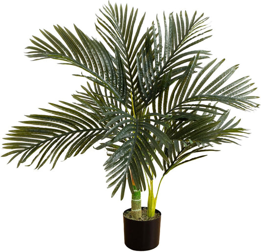 Nearly Natural 6.5ft Artificial Golden Cane Palm Tree, Lifelike Silk Indoor Palm With Three Textured Trunks Flexible Fronds Nursery Planter, Low Maintenance