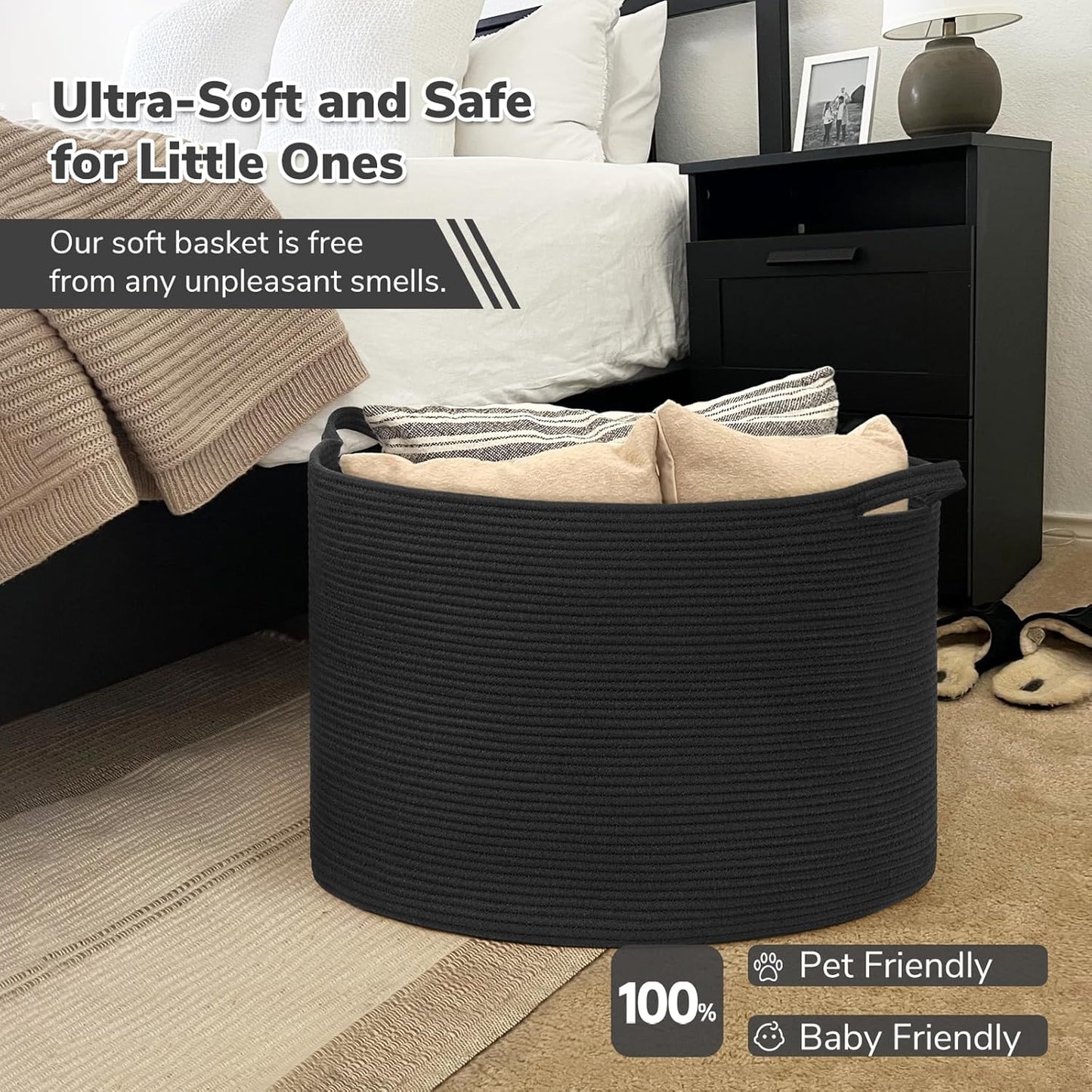 INDRESSME XXXLarge Blanket Basket for Living Room 21.7" x 21.7" x 13.8"-Storage Basket with Handle for Organizing Toy Pillows Woven Cotton Rope Laundry Basket Stuffed Animal Toy Storage for Play Room