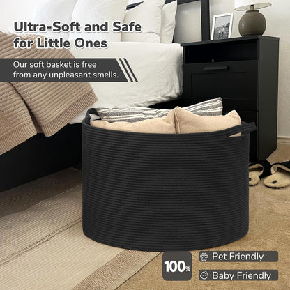 INDRESSME XXXLarge Blanket Basket for Living Room 21.7" x 21.7" x 13.8"-Storage Basket with Handle for Organizing Toy Pillows Woven Cotton Rope Laundry Basket Stuffed Animal Toy Storage for Play Room