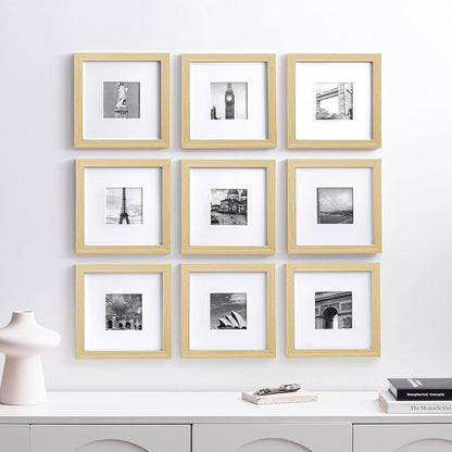 eletecpro 12x12 Picture Frames Set of 9 with Clear Acrylic Cover, Display 8x8 Photos with Mat or 12x12 Without, Classic and Sturdy Square Collage Gallery Wall Decor, Easy Wall Mount, Black