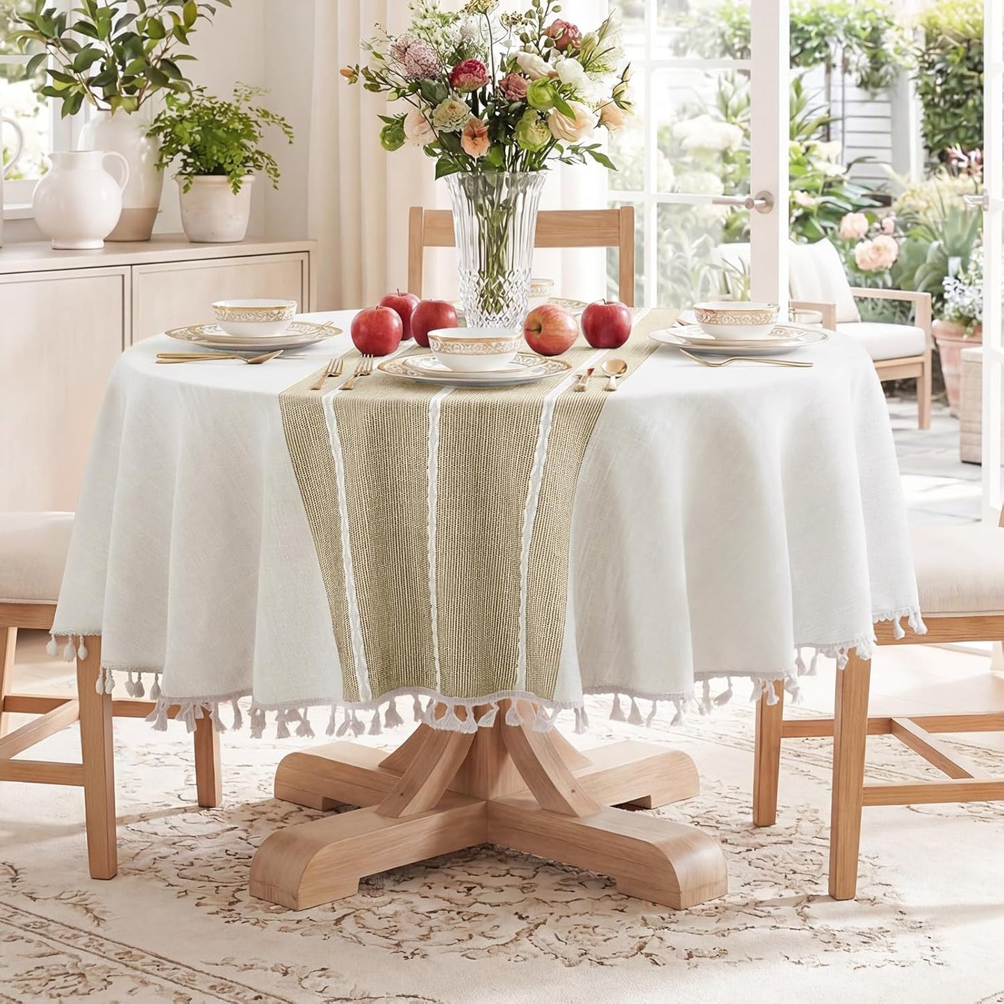 Softalker Outdoor Tablecloth Rectangle, Waterproof Linen Cotton Farmhouse Table Cloths with Tassel, Heavy Weight Wrinkle Free Boho Table Cover for Picnic Camping Dining - 55 x 70 Inch, Coffee Lines
