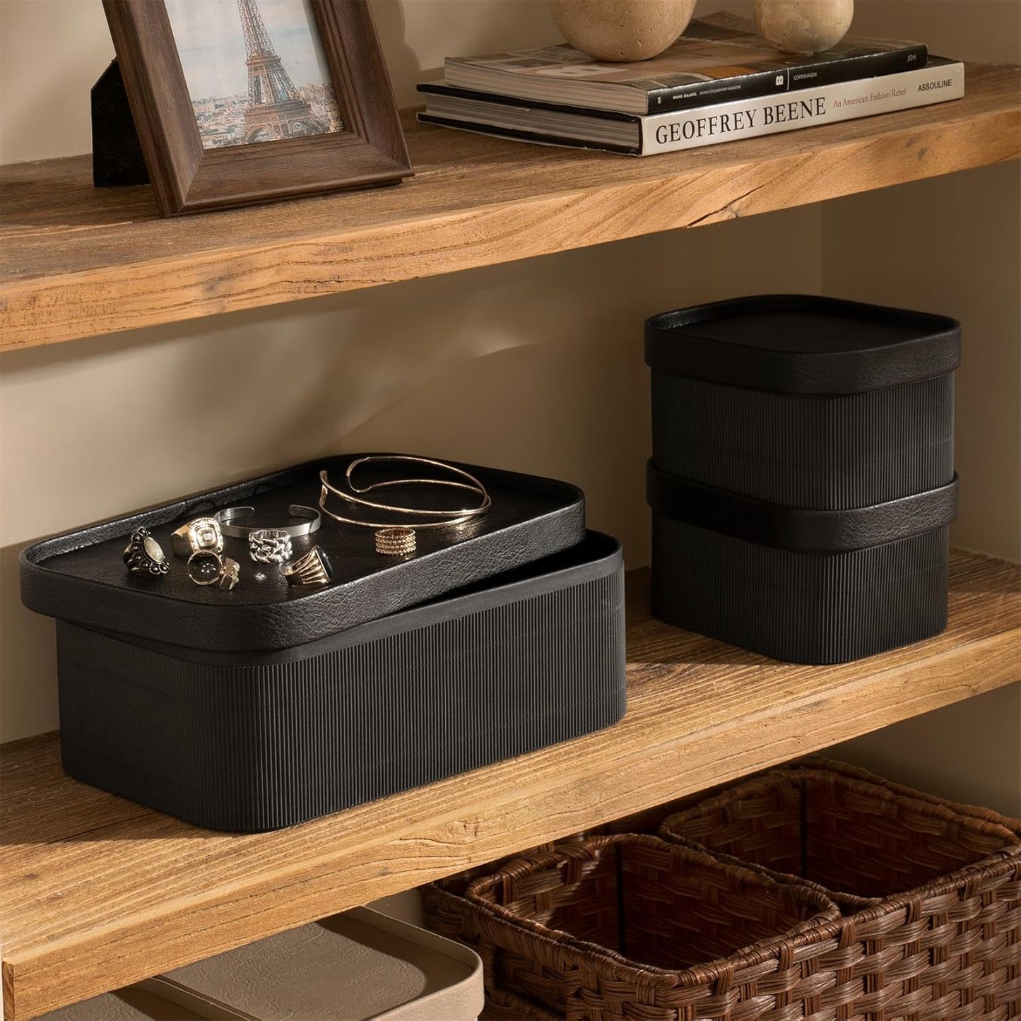 LA JOLIE MUSE Fluted Cardboard Storage Baskets with Leather-Like Lids, Sturdy Stackable Paper Boxes Decorative Tray, Chocolate Brown, Set of 3