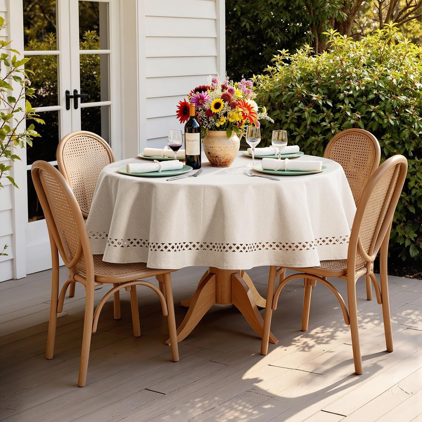 MIULEE Beige Rectangle Linen Polyester Tablecloth with Decorative Cutouts Spring Waterproof Stain Resistant & Shrink-Proof Table Cloth 52x70 inch Farmhouse Style for Dining Wedding and Outdoor