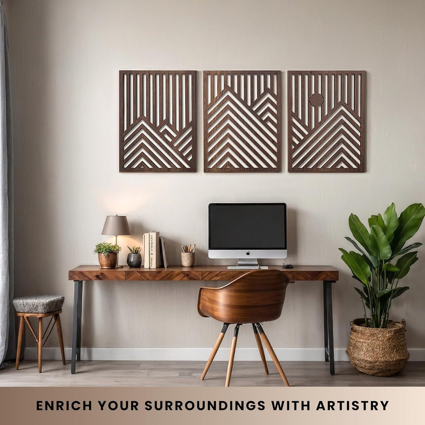 qmmp Modern Wooden Wall Sculptures - Set of 3 - Home Decor Accent - Large Wall Art for Living Room, Bedroom, Office - Easy Installation (Oak, Medium - Mountain and Sun)