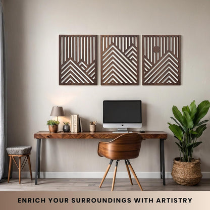 qmmp Modern Wooden Wall Sculptures - Set of 3 - Home Decor Accent - Large Wall Art for Living Room, Bedroom, Office - Easy Installation (Oak, Medium - Mountain and Sun)