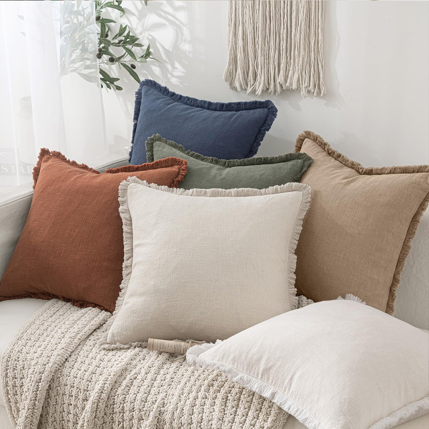 MIULEE Decorative Throw Pillow Covers Neutral Linen Fringe Throw Pillows Set of 2 Natural Beige Boho Farmhouse Cushion Covers with Tassels for Couch Sofa Bed Spring Home Decor 20x20 Inch