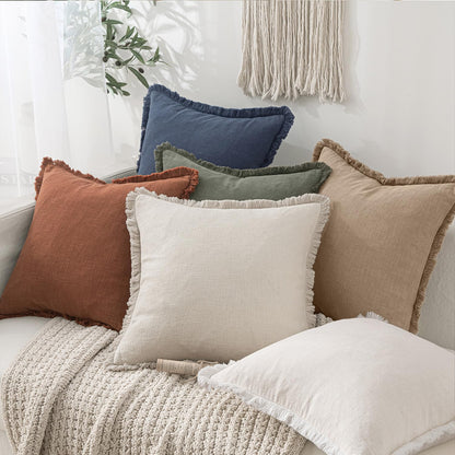 MIULEE Decorative Throw Pillow Covers Neutral Linen Fringe Throw Pillows Set of 2 Natural Beige Boho Farmhouse Cushion Covers with Tassels for Couch Sofa Bed Spring Home Decor 20x20 Inch