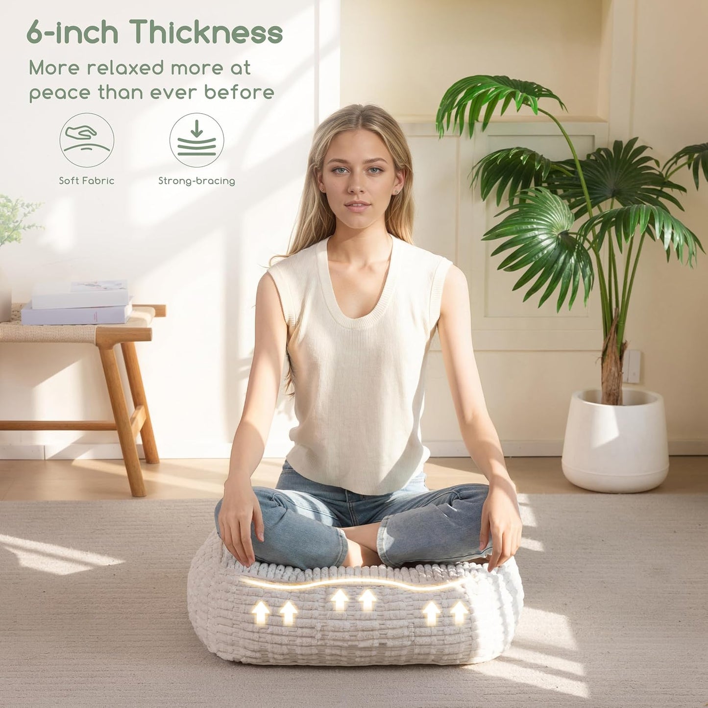 HIGOGOGO Floor Pillow Cushion for Adults, Meditation Cushion Pillow, Blended Corduroy Cover, Large Square Floor Sitting for Tatami Living Room or Yoga, 22x22 Inch, Beige