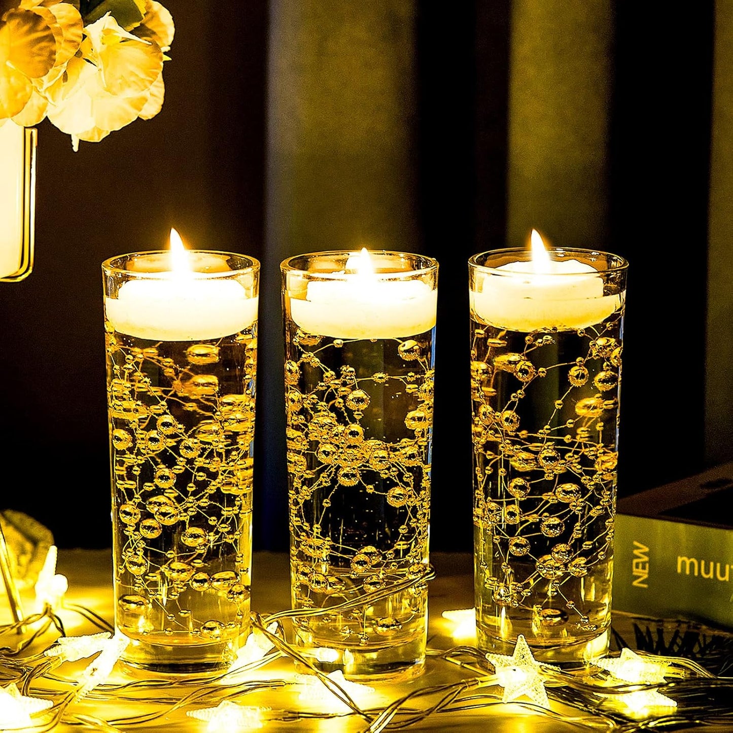 Tondiamo 24 Pcs Artificial Pearl String for Floating Candle Faux Pearls Beads String Garland Centerpiece Decoration for Vases Filler Wedding Spring Holiday Party Decor(Gold)
