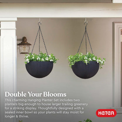 Keter Resin Rattan Set of 2 Round Hanging Planter Baskets for Indoor and Outdoor Plants-Perfect for Porches and Patio Decor, Cappuccino