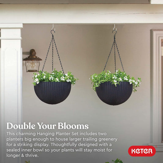 Keter Resin Rattan Set of 2 Round Hanging Planter Baskets for Indoor and Outdoor Plants-Perfect for Porches and Patio Decor, Cappuccino