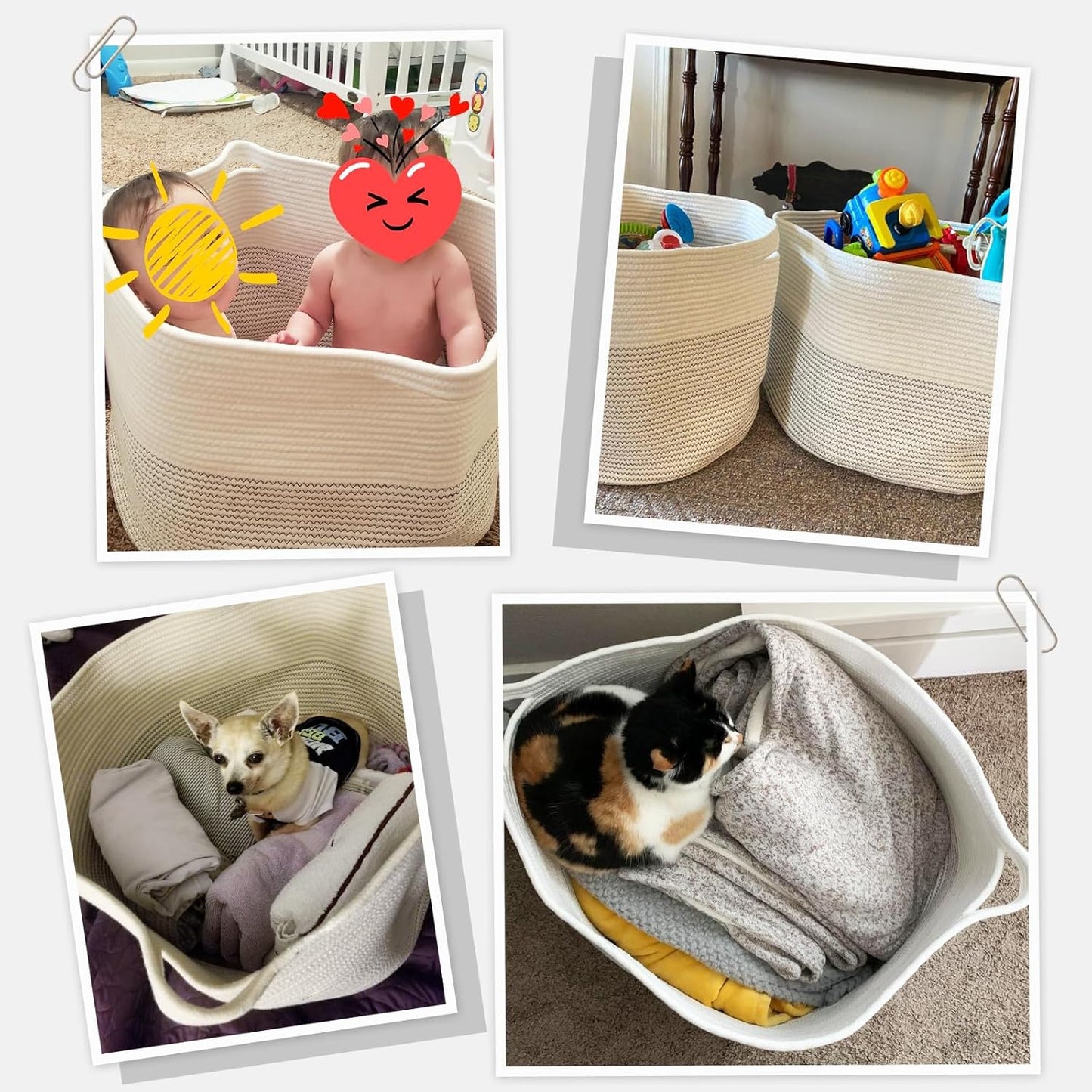 INDRESSME XXXLarge Blanket Basket for Living Room 21.7" x 21.7" x 13.8"-Storage Basket with Handle for Organizing Toy Pillows Woven Cotton Rope Laundry Basket Stuffed Animal Toy Storage for Play Room