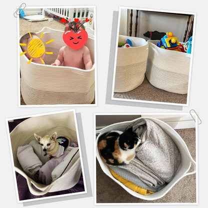 INDRESSME XXXLarge Blanket Basket for Living Room 21.7" x 21.7" x 13.8"-Storage Basket with Handle for Organizing Toy Pillows Woven Cotton Rope Laundry Basket Stuffed Animal Toy Storage for Play Room