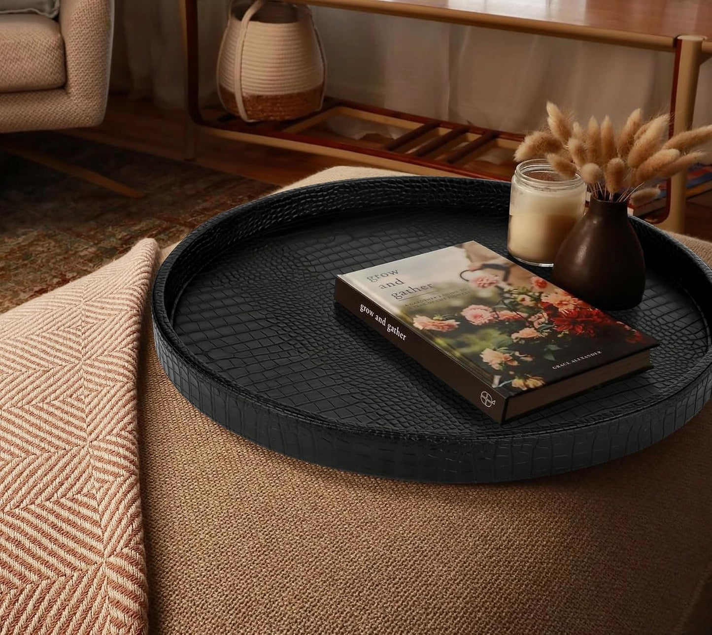 HofferRuffer Round Serving Tray 20'', Elegant Faux Leather Circle Ottoman Table Tray, Serve Tea Coffee Breakfast in Bedroom Living Room Kitchen (Brown)