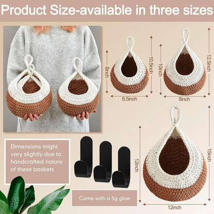 Honeydak Boho Decor Hanging Wall Baskets for Kitchen 3 Pack Teardrop Baskets with Hooks Storage Fruit Onion Vegetable Potato for Home 3 Sizes(Linen,Teardrop,Jute)