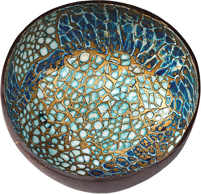 ChezMax Natural Coconut Bowl with Mother of Pearl Inlays - Key Bowl & Fruit Snack Holder (Blue-Gold)