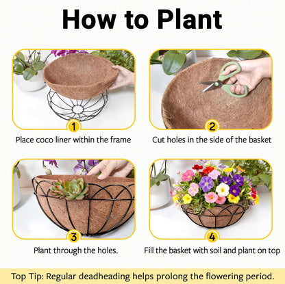 ZeeDix 2 Pack Round Hanging Baskets for Plants Outdoor, 12 Inch Metal Wire Planter Basket with Coco Liner, Hanging Flower Pots for Garden Yard Patio Porch Balcony Decor