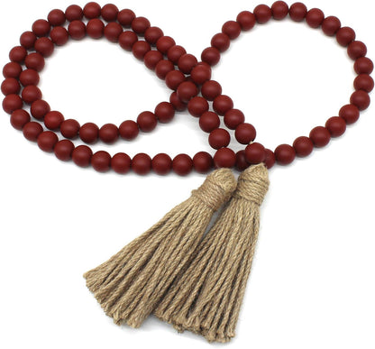 CVHOMEDECO. Wood Beads Garland with Tassels Farmhouse Rustic Wooden Prayer Bead String Wall Hanging Accent for Home Festival Decor. Mix Distressed