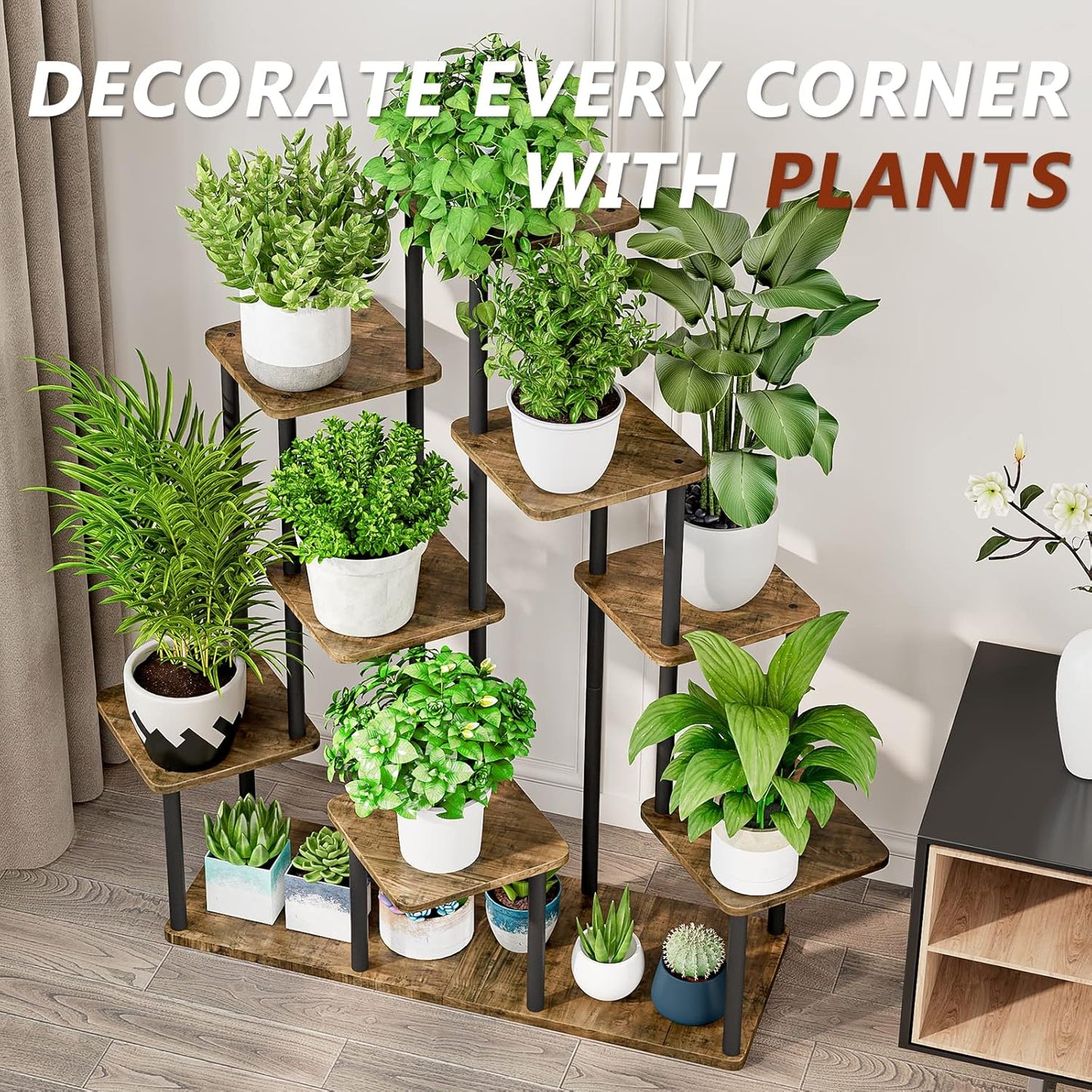 AZERPIAN Plant Stand 5 Tier Indoor Metal Flower Shelf for Multiple Plants Corner Tall Flower Holders for Patio Garden Living Room Balcony Bedroom, Black (5 Tier-Black)