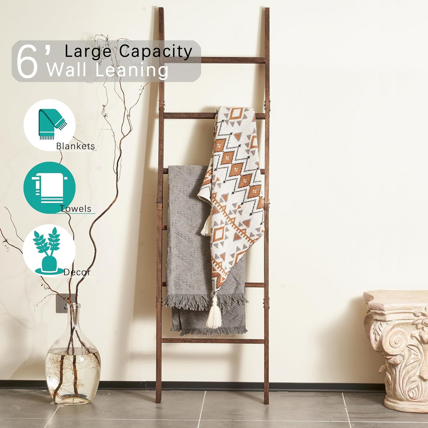 Blanket Ladder for the Living Room 6-Tier, Wooden Decorative Quilt Holder for Bed room, Wall-Leaning Towel Rack for Bathroom，Rustic Farmhouse Ladders for Display. (Dark Brown)